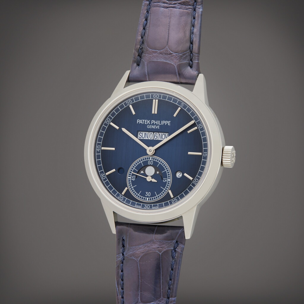 View full screen - View 1 of Lot 155. Reference 5236P-001 | A platinum wristwatch with linear perpetual calendar, moon phases, leap year, day/night indication, Circa 2021.