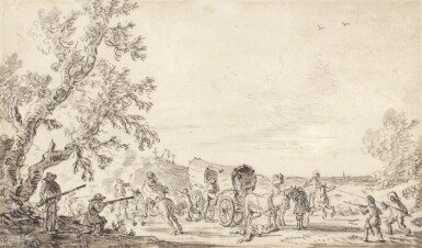View full screen - View 1 of Lot 130. Landscape with a waggon being attacked by brigands.