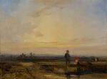 Landscape with sunset and figures before a pond