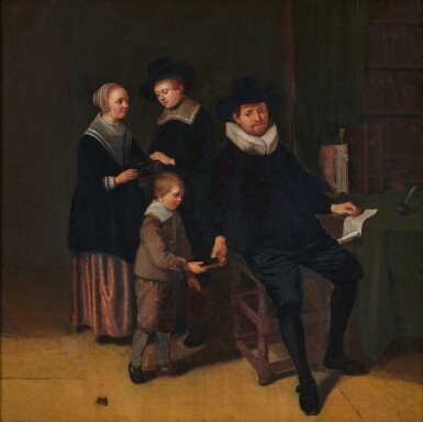 View full screen - View 1 of Lot 74. A studio interior with a scholar and his family | Innenraum einer Werkstatt mit einem Gelehrten und seiner Familie.