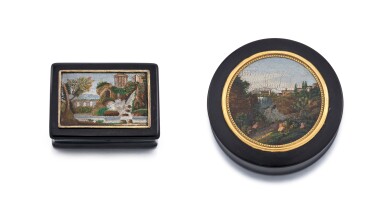View full screen - View 1 of Lot 433. Two tortoiseshell and micromosaic snuff boxes, Italian, 1820/1830 .