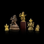 Five miniature gilt-copper alloy Buddhist figures 12th - 19th century | 十二至十九世紀 鎏金銅袖珍佛像五尊