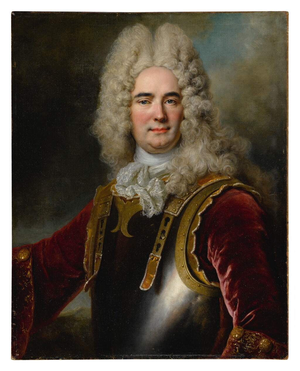View full screen - View 1 of Lot 121. NICOLAS DE LARGILLIERRE | PORTRAIT OF A GENTLEMAN, SAID TO BE THE CHAMBERLAIN DE MONTARGU, HALF-LENGTH, WEARING A BREASTPLATE OVER A RED VELVET JACKET WITH GOLD EMBROIDERED SLEEVES.