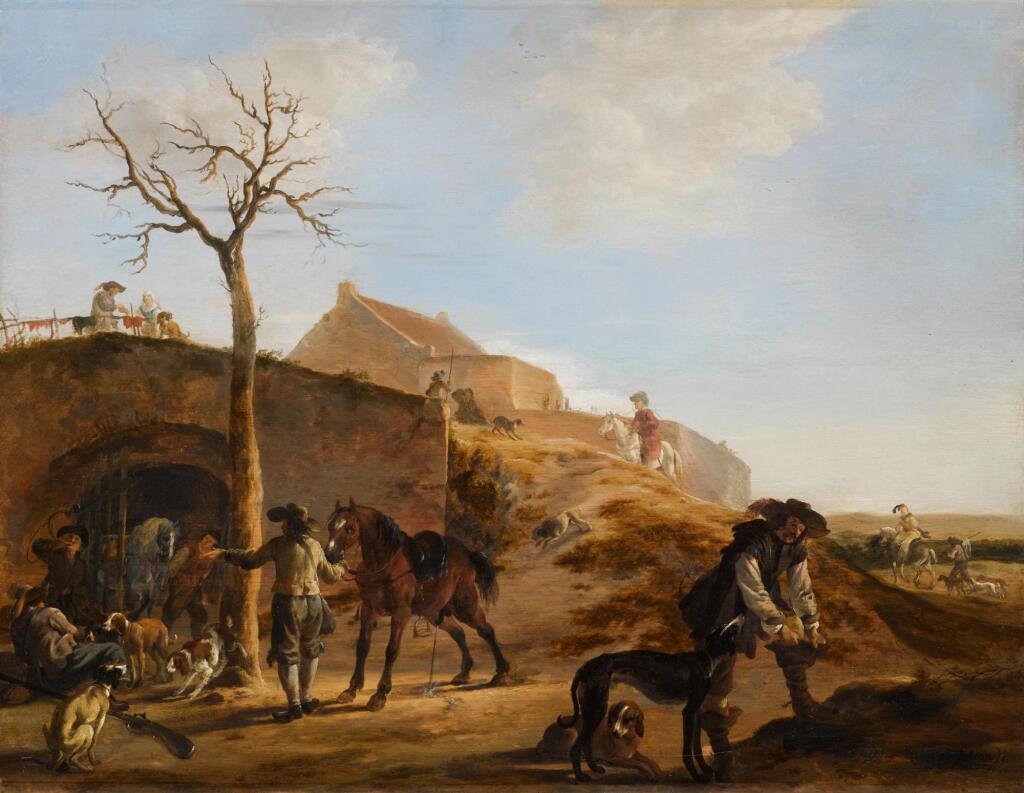 View full screen - View 1 of Lot 28. DIRK STOOP | A landscape with sportsmen preparing for the hunt, together with their hounds and horses.