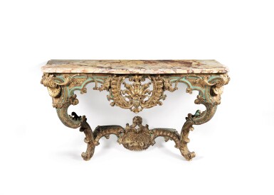 View full screen - View 1 of Lot 278. A Continental carved, painted and parcel-gilt console table with marble top, possibly German, Ansbach.