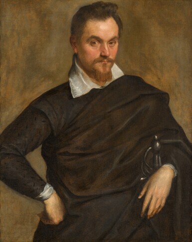 View full screen - View 1 of Lot 38. Portrait of a man, three-quarter-length, wearing a black costume with a white collar.