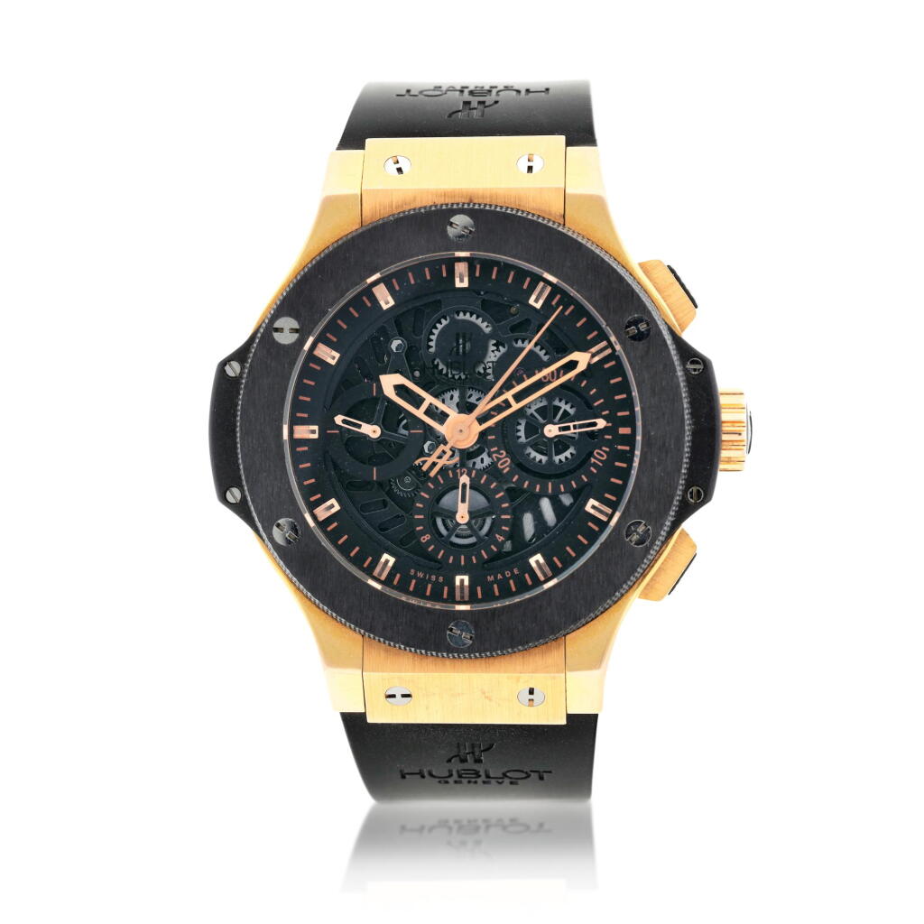 Voir en plein écran - Voir 1 du lot 62. Reference 310.PT.1180.RX Big Bang 'Aero Bang' A limited edition pink gold and ceramic automatic semi-skeletonized chronograph wristwatch, Circa 2009 .
