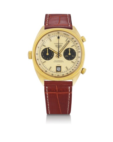 View full screen - View 1 of Lot 8045. HEUER | CARRERA, REFERENCE 1158 CHN, A YELLOW GOLD CHRONOGRAPH WRISTWATCH WITH DATE, CIRCA 1965.