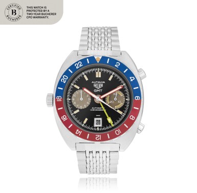 View full screen - View 1 of Lot 91. Autavia GMT, Ref. 11630 Stainless steel dual time zone wristwatch with date and bracelet | Circa 1975| Montre bracelet en acier avec double fuseau horaire, date | Vers 1975 .