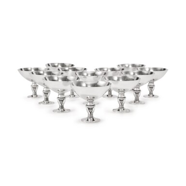 View full screen - View 1 of Lot 9. A SET OF TWELVE DANISH SILVER COCKTAIL CUPS, NO. 572A, DESIGNED BY GUNDORPH ALBERTUS, GEORG JENSEN SILVERSMITHY, COPENHAGEN, CIRCA 1945-51.