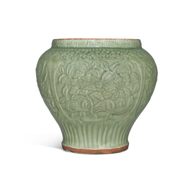 View full screen - View 1 of Lot 144. A large 'Longquan' celadon-glazed 'floral' jar, Yuan / early Ming dynasty | 元 / 明初 龍泉窰青釉四季花卉圖大罐.