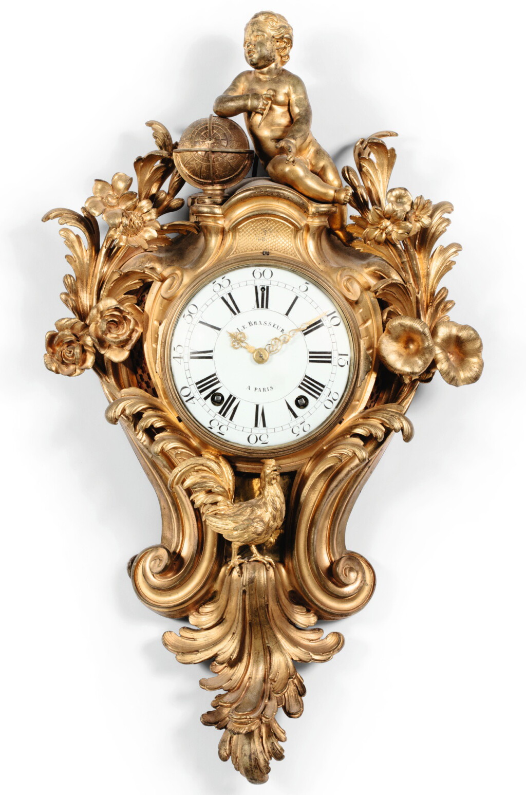 View full screen - View 1 of Lot 90. A LOUIS XV GILT-BRONZE CARTEL CLOCK, THE DIAL SIGNED LE BRASSEUR À PARIS (REGILT) | CARTEL EN BRONZE REDORÉ D'ÉPOQUE LOUIS XV, LE CADRAN SIGNÉ LE BRASSEUR À PARIS.