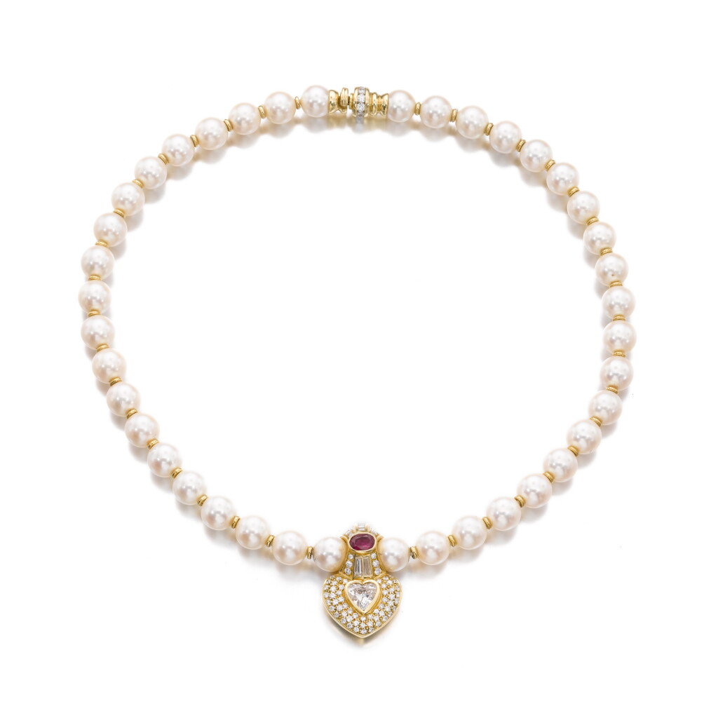 View full screen - View 1 of Lot 394. Cultured pearl, ruby and diamond necklace.