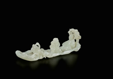 View full screen - View 1 of Lot 441. A white jade 'immortal on raft' group, Qing dynasty, Qianlong period | 清乾隆 白玉雕仙人泛舟擺件.