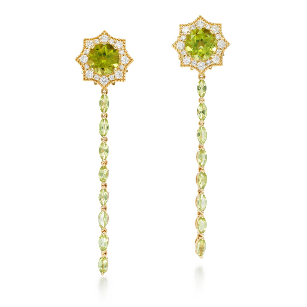 View full screen - View 1 of Lot 320. JAMES GANH | PAIR OF PERIDOT AND DIAMOND EARRINGS, 'STAR TWIRL'.