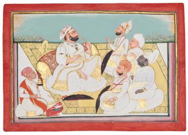 View full screen - View 1 of Lot 180. Rawat Gokul Das seated with noblemen, attributed to Bagta, India, Rajasthan, Devgarh, dated VS 1863/1806 AD.