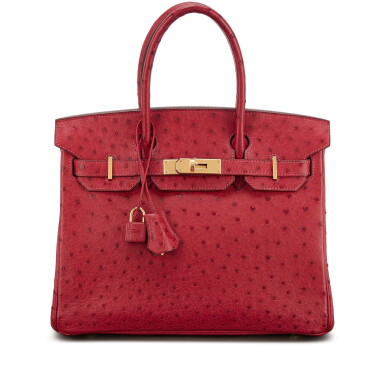 View full screen - View 1 of Lot 619. Rouge Vif Ostrich Birkin 30 Gold Hardware, 2009.