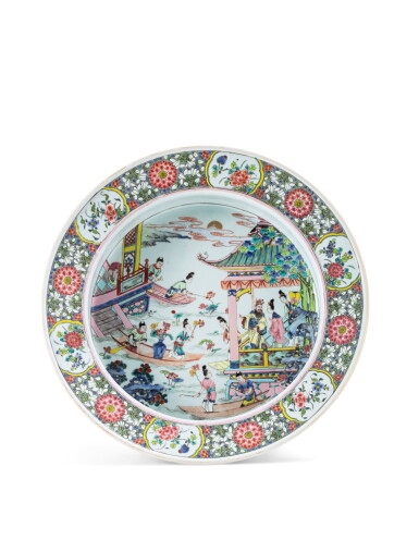 View full screen - View 1 of Lot 133. A large and impressive Chinese porcelain famille rose circular basin Qing dynasty, Yongzheng period | 清雍正 粉彩人物故事圖折沿盆.