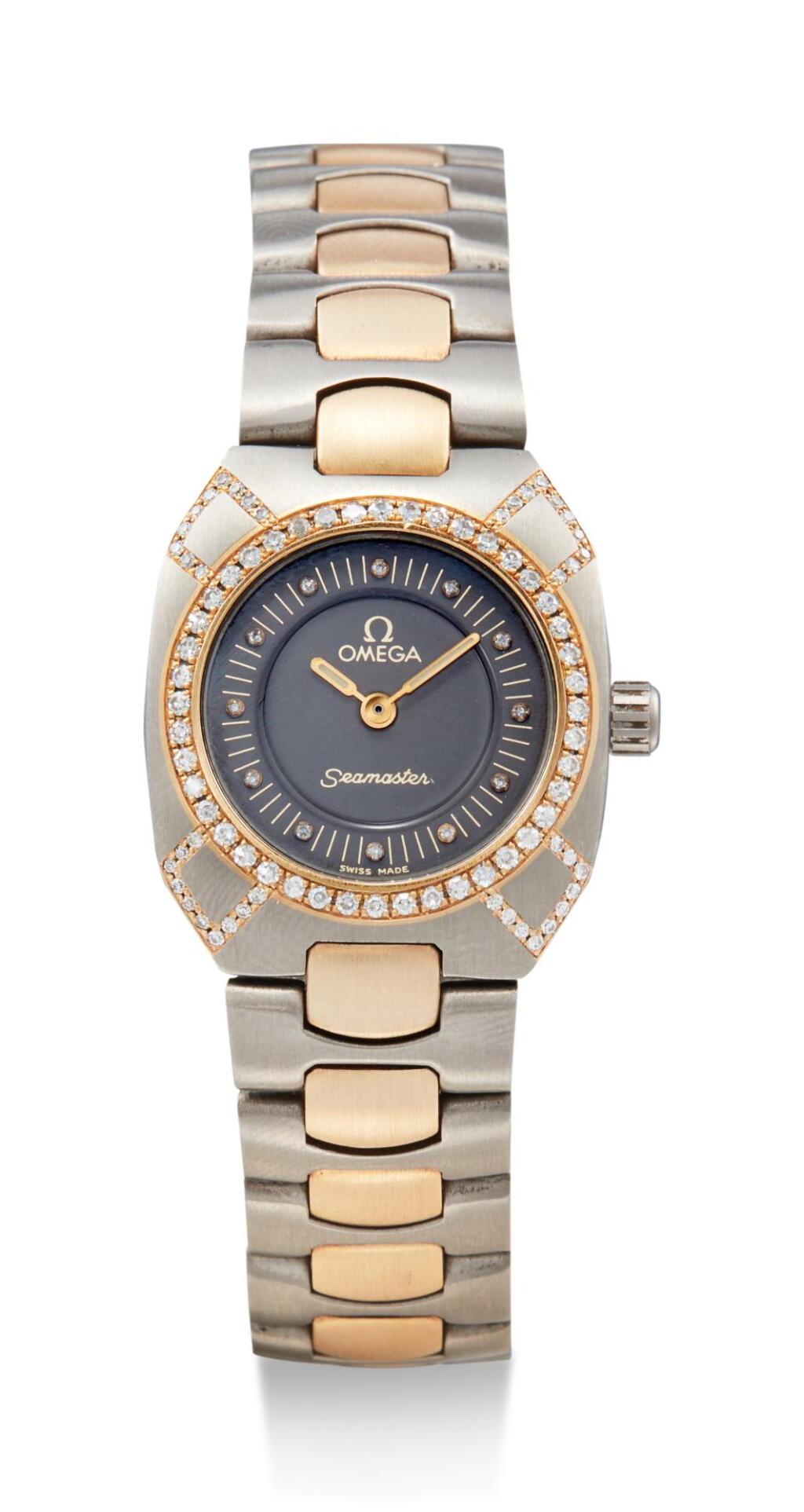 View full screen - View 1 of Lot 8010. OMEGA | SEAMASTER POLARIS A YELLOW GOLD, TITANIUM AND DIAMOND-SET BRACELET WRISTWATCH, CIRCA 1980.