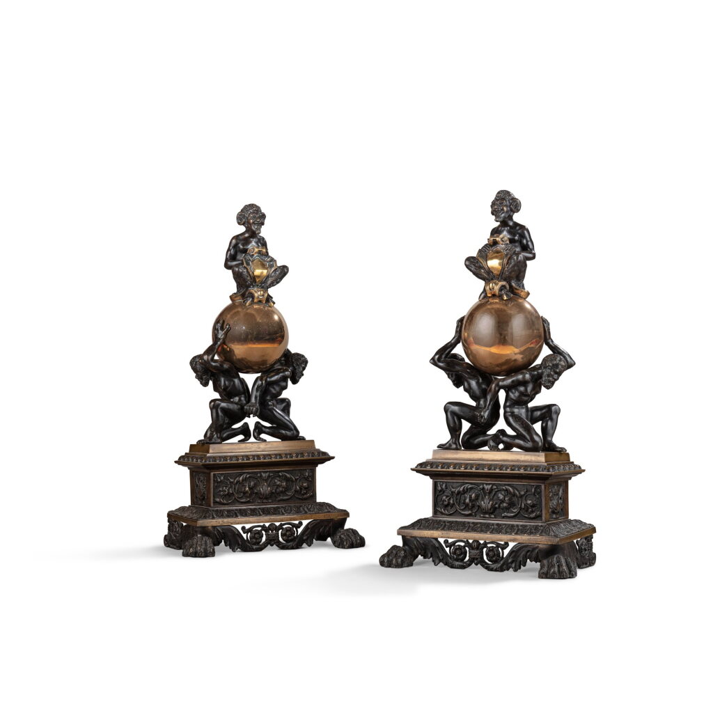 View full screen - View 1 of Lot 1087. A pair of gilt and patinated bronze andirons, late 19th century.