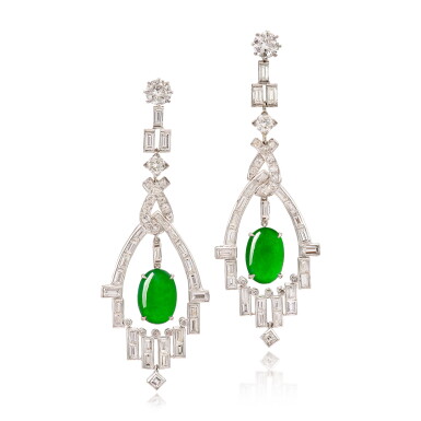 View full screen - View 1 of Lot 605. Pair of Jadeite and Diamond Pendent Earrings | 天然翡翠 配 鑽石 耳墜一對.