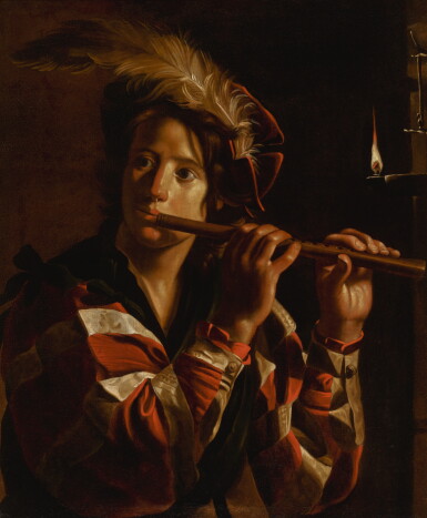View full screen - View 1 of Lot 155. ADAM DE COSTER | A young man playing the flute by candelight.
