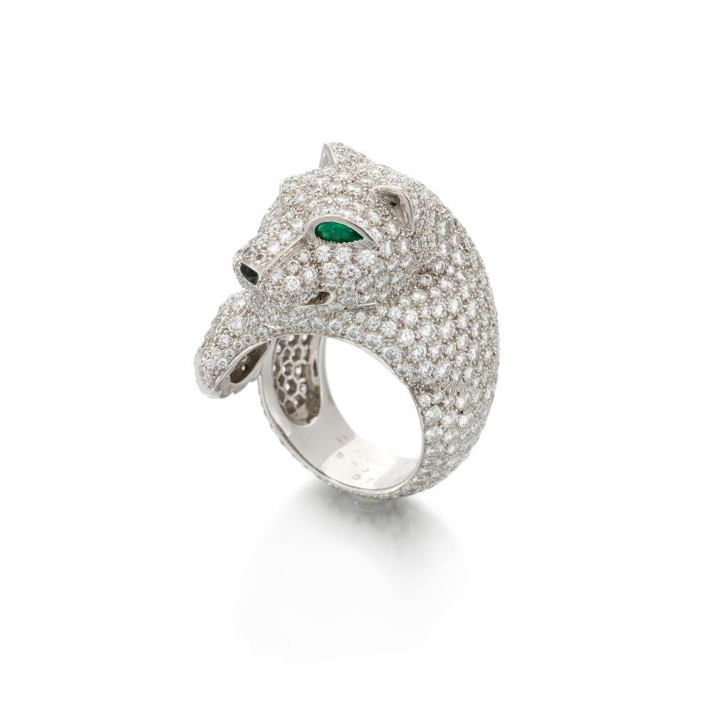 View full screen - View 1 of Lot 234. Cartier, onyx, emerald and diamond Panther ring (Cartier, Anello Panther in diamanti, onice e smeraldi).