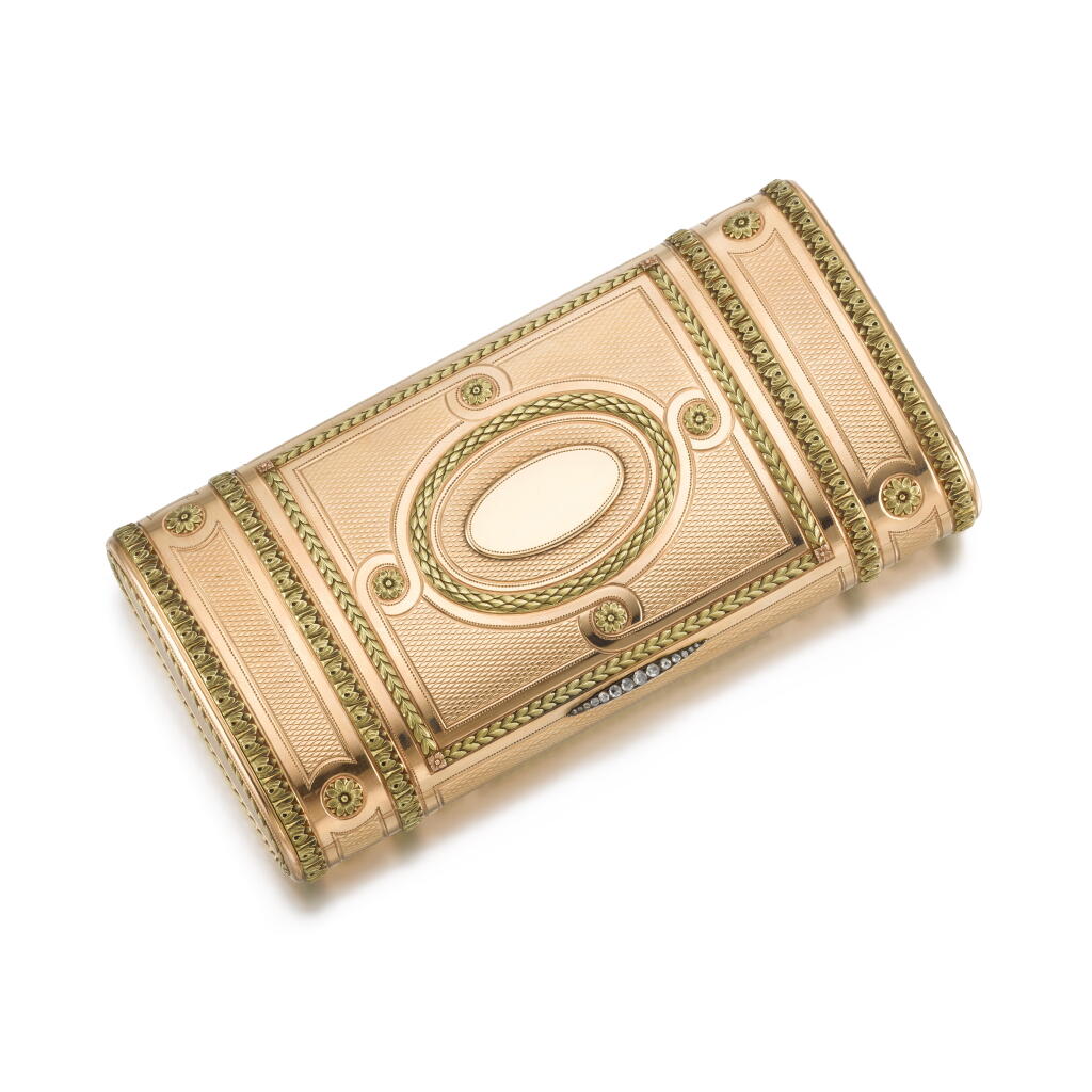 View full screen - View 1 of Lot 1021. A Fabergé jewelled two-colour gold cigar case, workmaster Henrik Wigström, St Petersburg, 1904-1908.