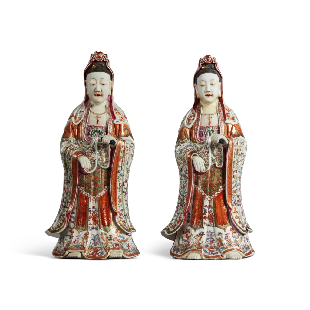 View full screen - View 1 of Lot 41. A Pair of Large Chinese Famille-Rose Figures of Guanyin, Qing Dynasty, Qianlong / Jiaqing Period | 清乾隆 / 嘉慶 粉彩觀音擺件一對.