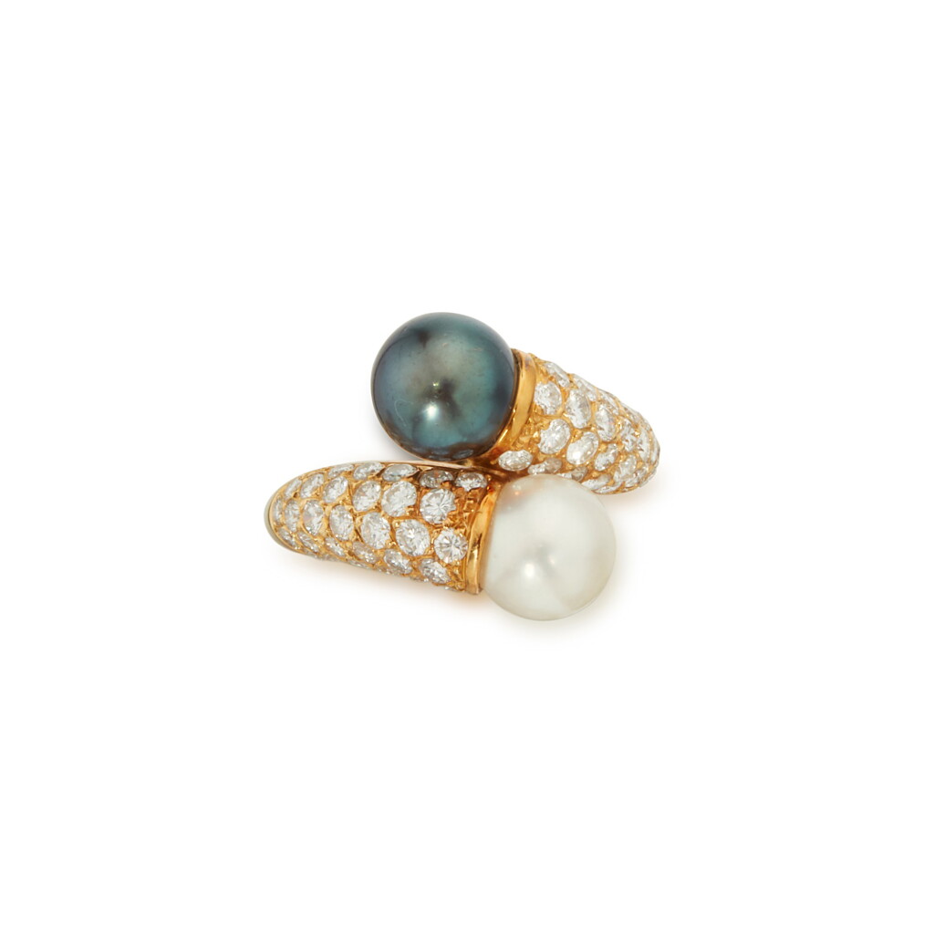 View full screen - View 1 of Lot 30. Cultured Pearl and Diamond Ring, France.