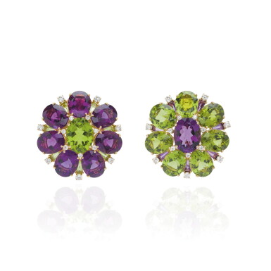 View full screen - View 1 of Lot 43. PAIR OF AMETHYST, PERIDOT AND DIAMOND EARRINGS, MICHELE DELLA VALLE.