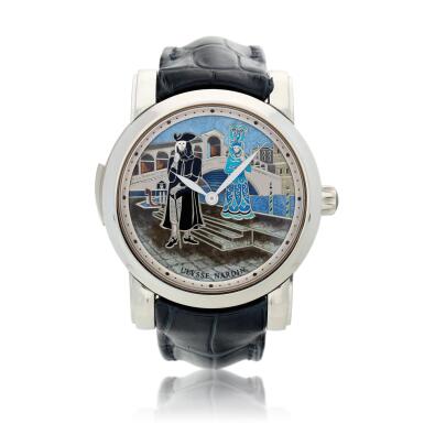 View full screen - View 1 of Lot 68. Reference 719-63 Jaquemart Venice, A limited edition platinum minute repeating automata wristwatch with champlevé enamel dial, Circa 2013.