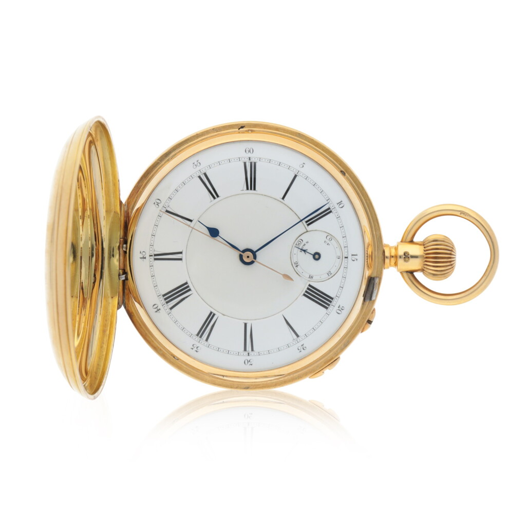 View full screen - View 1 of Lot 460. Gold hunting cased freesprung lever watch with up/down indiciation and start/stop slide Circa 1920 | 英國製 黃金螺旋游絲懷錶備上鍊時間顯示及開始/停頓滑桿,年份約1920.