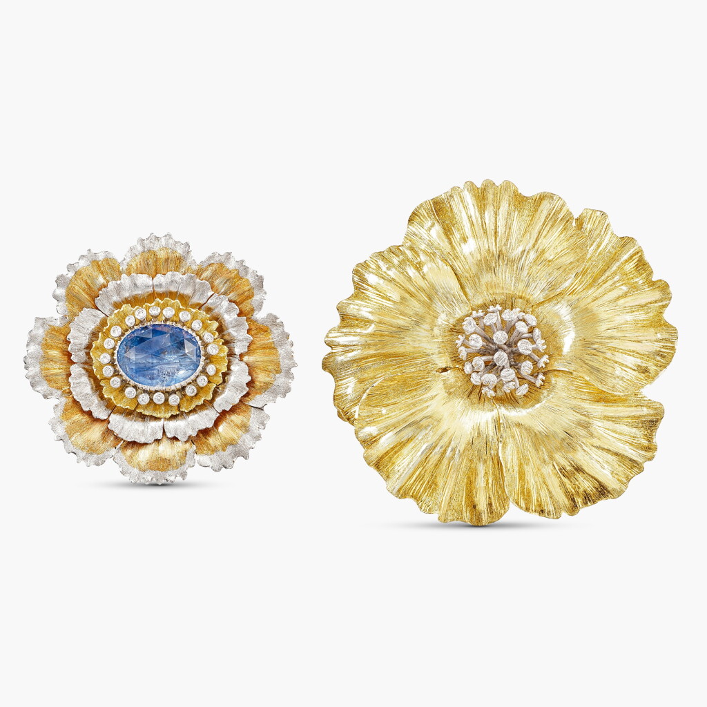 View full screen - View 1 of Lot 1622. Sapphire and Diamond Brooch; and Gold Brooch | 布契拉提 | 藍寶石 配 鑽石 胸針 及 K金 胸針.
