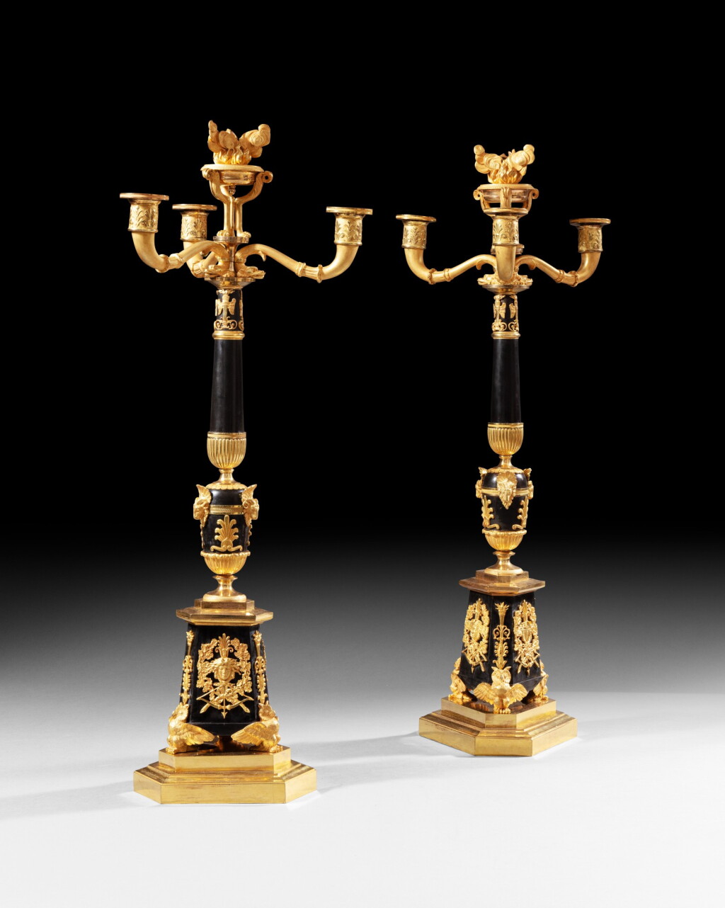 View full screen - View 1 of Lot 151. Pair of patinated and giltbronze candelabra, Empire | Paire de candélabres en bronze patiné et doré d'époque Empire.