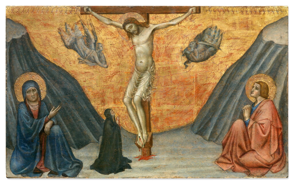 View full screen - View 1 of Lot 8. A Crucifixion with the Virgin, Saint John the Evangelist and a female donor figure.