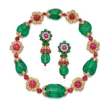 View full screen - View 1 of Lot 144. A Remarkable Emerald, Ruby and Diamond Necklace and Pair of Pendant Earclips, France.
