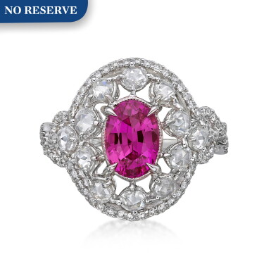 View full screen - View 1 of Lot 31. Pink Sapphire and Diamond Ring.