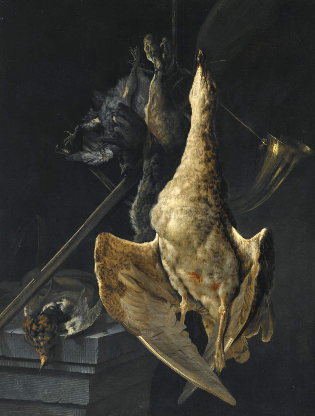 View full screen - View 1 of Lot 261. CORNELIS VAN LELIENBERGH | HUNTING STILL LIFE WITH A GOOSE, A HARE, A HUNTING HORN, A SHOTGUN AND OTHER GAME.
