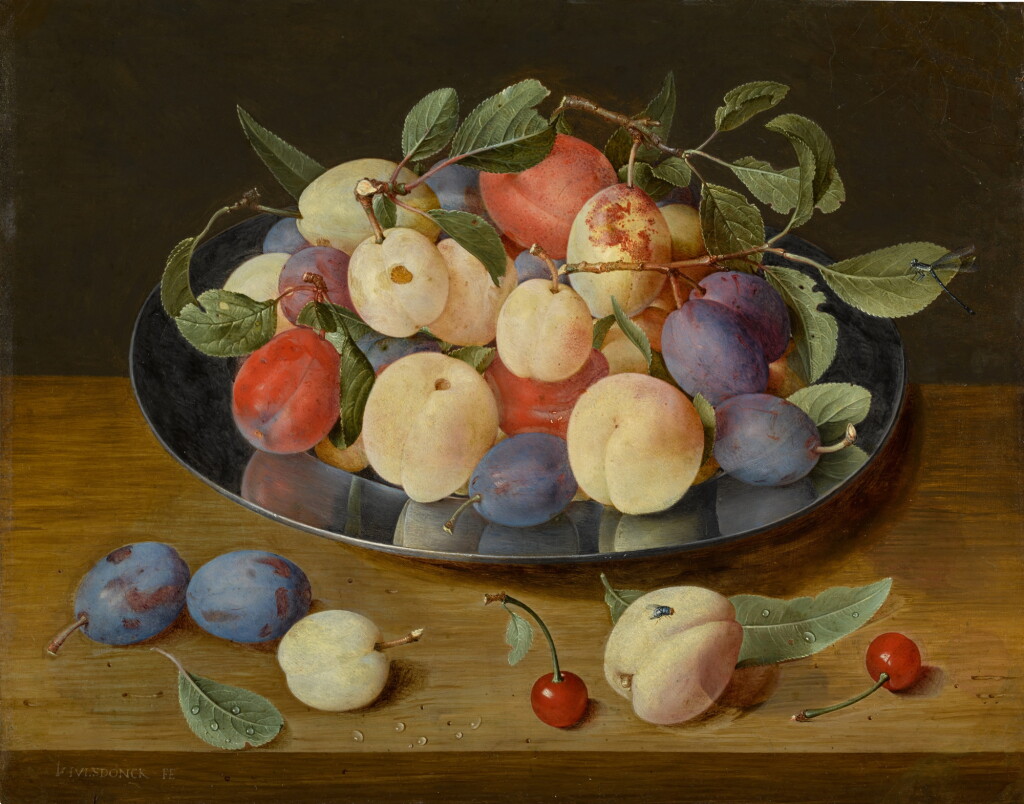 View full screen - View 1 of Lot 19. Still life of plums and peaches on a pewter plate, with plums, a peach and cherries, all on a table.