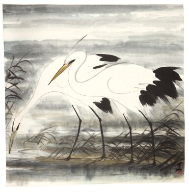 View full screen - View 1 of Lot 131. LIN FENGMIAN (1900-1991) | TWO CRANES | 林風眠(1900-1991年) 《雙鶴》 設色紙本.