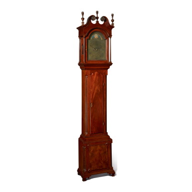 View full screen - View 1 of Lot 1679. FINE AND RARE CHIPPENDALE CARVED AND FIGURED WALNUT TALL CASE CLOCK, CASE BY WILLIAM CONNELL, MOVEMENT BY JOHN WOOD JR. (1736-1793), PHILADELPHIA, CIRCA 1770.