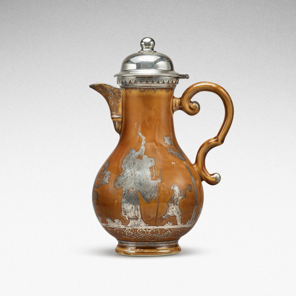 View full screen - View 1 of Lot 19. A Meissen kapuzinerbraun-ground Hausmaler coffee-pot, with silver mounts, the coffee-pot Circa 1726-30, the decoration slightly later, the silver mounts late 19th century.