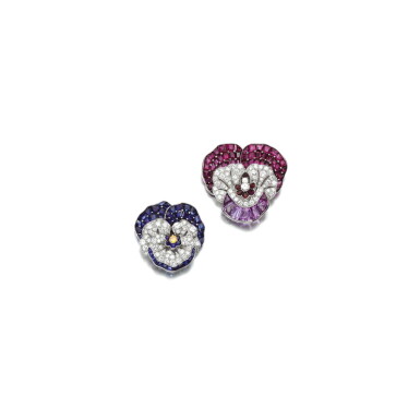 View full screen - View 1 of Lot 24. TWO GEM SET AND DIAMOND BROOCHES, OSCAR HEYMAN & BROTHERS, 1960S.