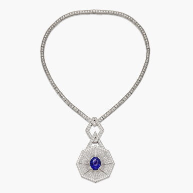 View full screen - View 1 of Lot 1619. Sapphire and Diamond Pendent Necklace | Bucherer | 12.46 克拉 天然 「斯里蘭卡」未經加熱藍寶石 配 鑽石 項鏈.