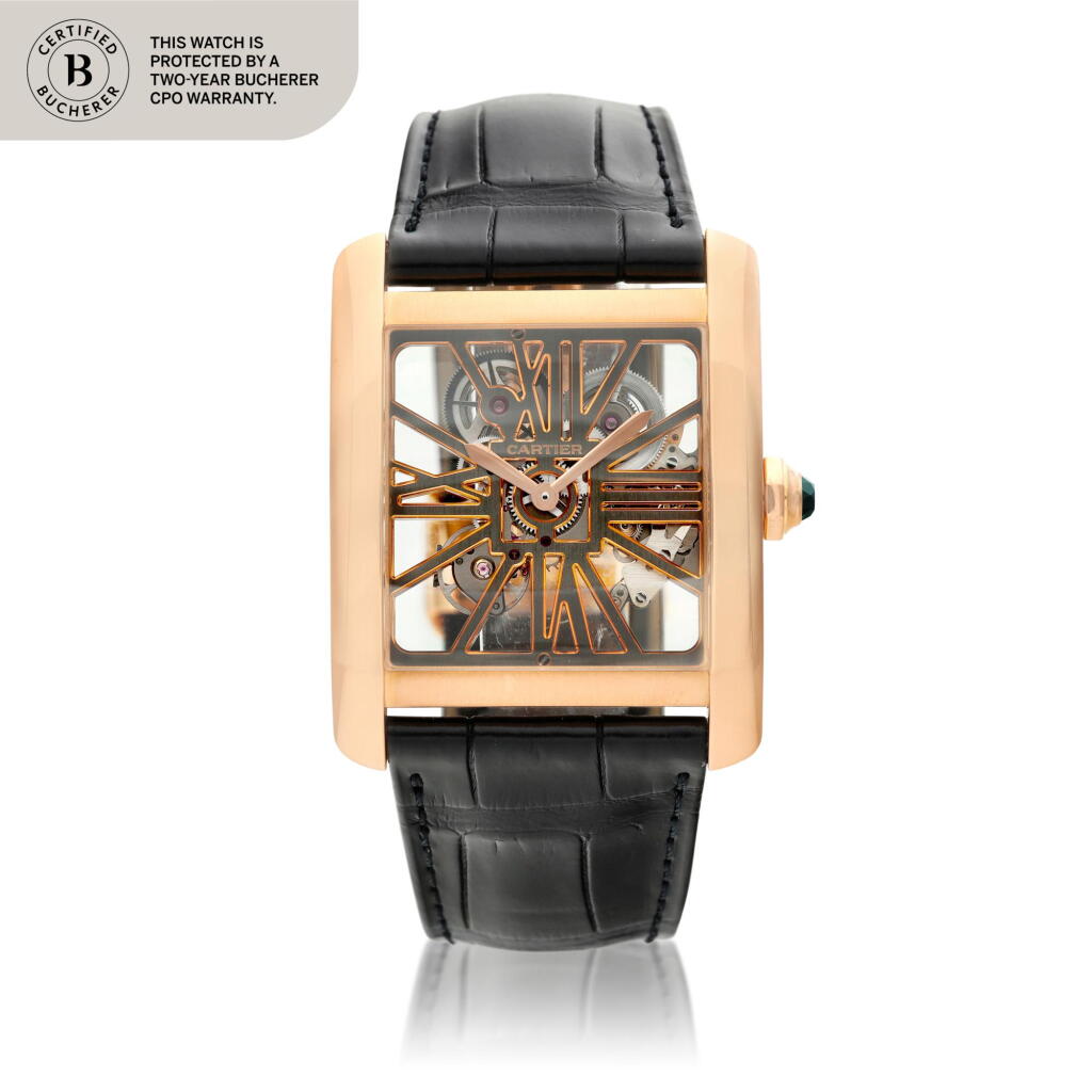 View full screen - View 1 of Lot 223. Reference W5310040 Tank MC Skeleton, A pink gold skeletonized square shaped wristwatch, Circa.