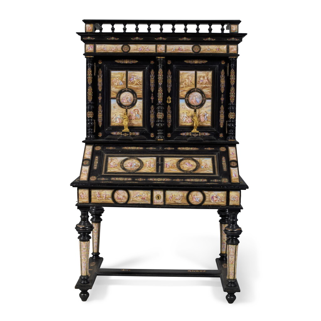 View full screen - View 1 of Lot 124. A Viennese Enamel Inlaid Ebonized Bureau Cabinet, Circa 1880.
