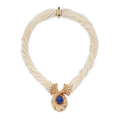 View full screen - View 1 of Lot 151. Harry Winston | Seed Pearl, Sapphire and Diamond Necklace.