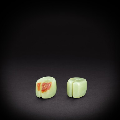View full screen - View 1 of Lot 3483. A pair of celadon jade earrings, jue, Neolithic period, Hongshan culture | 新石器時代 紅山文化 青玉玦一對.