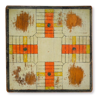 View full screen - View 1 of Lot 186. Three American Polychrome Paint-Decorated Pine Gameboards, early 20th century.